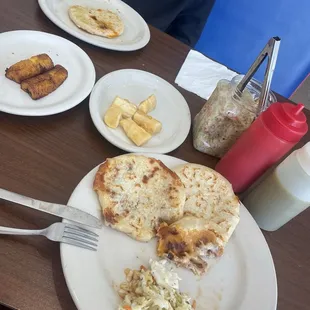 Plantains, Fried Yuca Frita, pupusas bean and cheese and revuelta