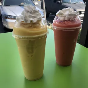 Mango #1 Banana, Pineapple, Mango smoothie and #5 Guava, Strawberry, Pineapple smoothie