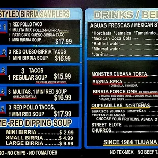 Sampler combinations, soup, drinks, torta, quesadillas, elote, and churros.