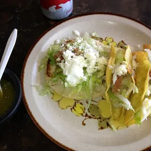 3 tacos crispy (99c) each and 1 pupusa mexicana de frijoles +a drink =7.38