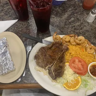 T-bone steak and grilled fresh shrimp - delicious!!