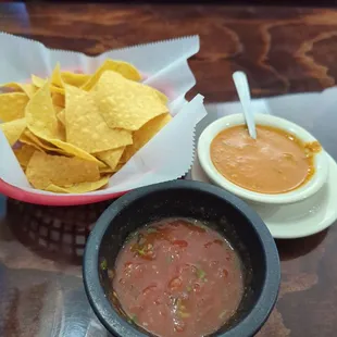 Chips, salsa and Tomatillo sauce