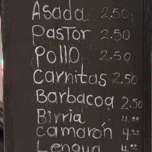 Taco menu