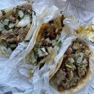 carnitas al pastor n chicken tacos
