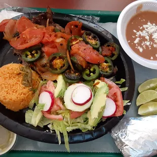 Steak Fajitas with jalapenos, rice &amp; salad