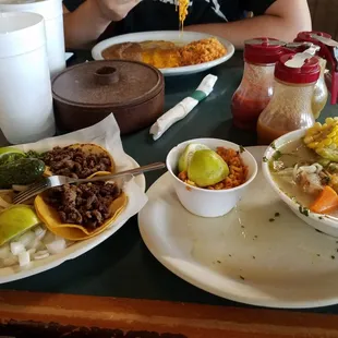 Asada mini tacos and chicken caldo