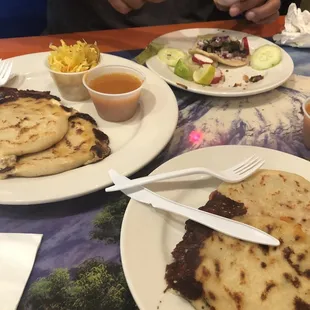 Carne asada tacos and revuelto pupusa's