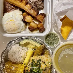 Bandeja Paisa, Sancocho, Empanadas de Queso (Not sure what the chicken is)