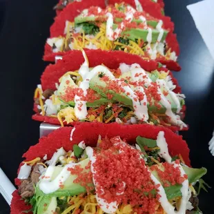 Hot cheetos tacos with all the the fixings. Loved it.