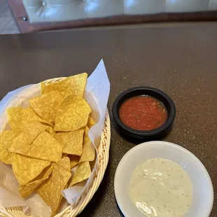 Crispy chips and salsa with queso dip sauce