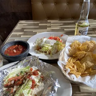 Fish Taco, Chicken Tostada, Chips Salsa, Sour cream pepper sauce, Corona Beer!