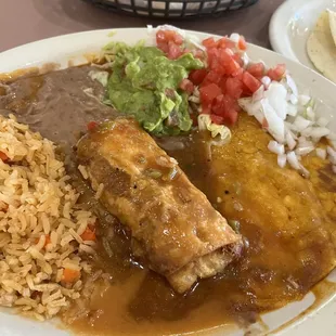 Chili Chile Relleno, enchilada, rice and beans