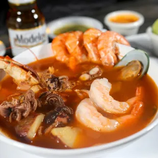 a bowl of seafood soup