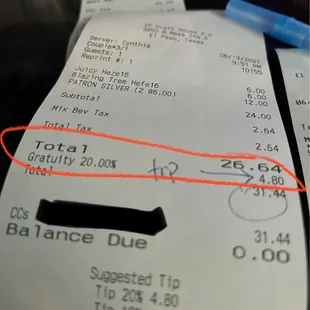 Imposed gratuity of 20% for a party of just two people (note we only had a beer and a shot each)