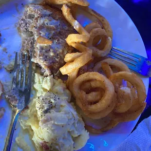 Chicken fried steak, fries, and potato salad