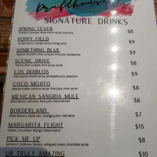 Signature drink menu