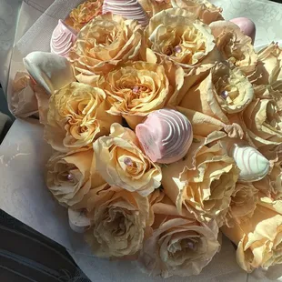 25 rose bouquet, with chocolate covered strawberries