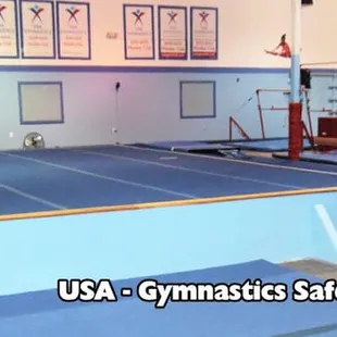 Spring Floor, Trampoline, 2 sets of uneven bars, 4 beams, Rings, Parallel Bars.  Tons of mats.  Free introductory class