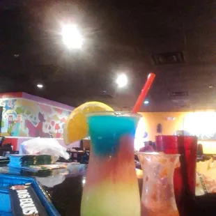 Shrimp Diablo and a mermaid margarita