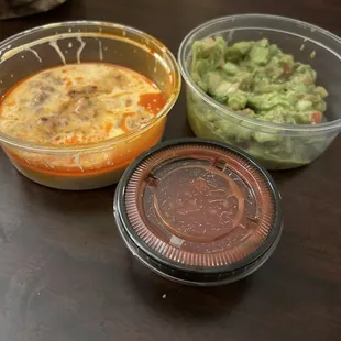 Queso Fundido Dip and guacamole dip exactly how they arrived!