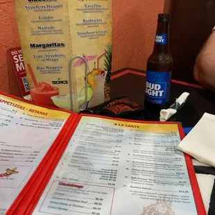 a menu and a beer