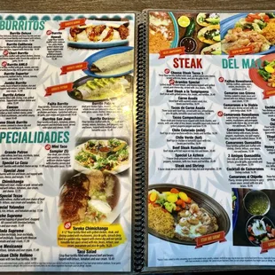 2024 menu: burritos, specials, steak and sea entrees