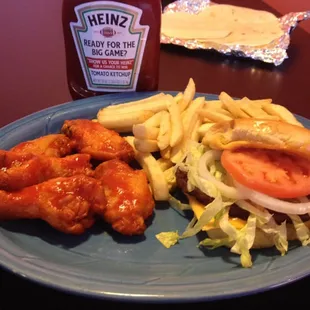 Cheese burger 5 chicken wings &amp; fries $8.99