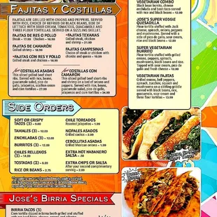Menu 5th page. Fajitas, costillas, vegetarian dishes, birrias, and side dishes.