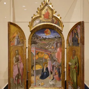 Master of the Osservanza; Adoration of the Shepherds with Saint John the Baptist and Saint Bartholomew; about 1440; tempera and gold on wood