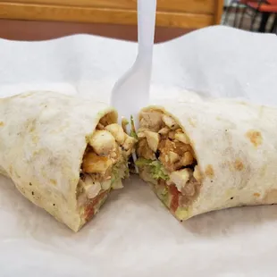 a burrito cut in half