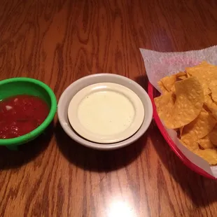 Chips and salsa and order of cheese dip
