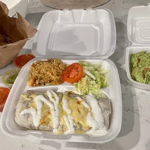 Veggie burrito served with rice