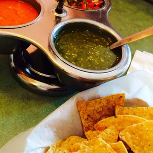 Tortilla chips and the three salsas.