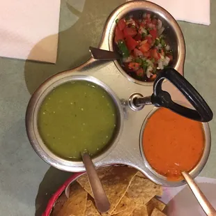 Carousel of salsas. The red one is HOT!  Beware!