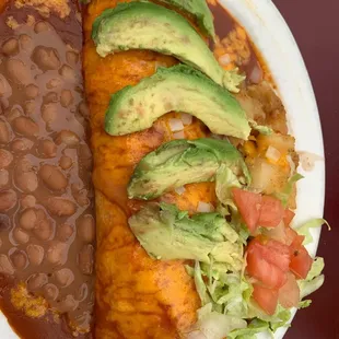 Carne adobada burrito with avocado added