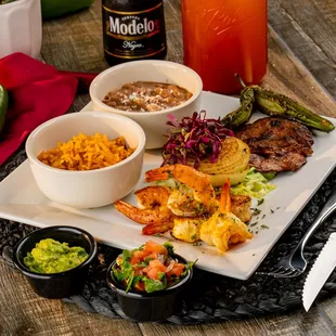 Carne Asada with Shrimp Served with rice and beans (black or refried) and handmade tortillas