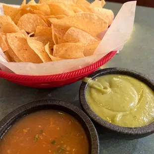 Chips with salsa roja and salsa verde