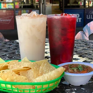 two drinks and chips