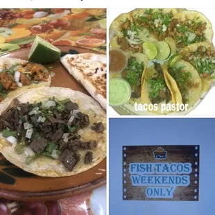 a plate of tacos and a sign