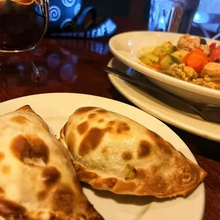 Sopa del Dia Lunch: soup of the day (chicken) and two empanadas