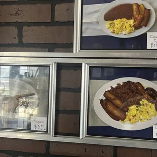 three plates of breakfast food on display