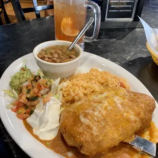 Beef chimichanga with side of rice and beans