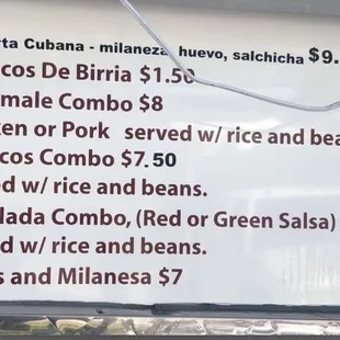 Torta cubana menu