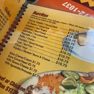 Menu - bean and cheese burrito for $10.75