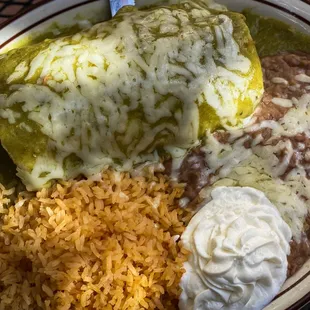Chili Verde Burrito, Rice &amp; Beans.