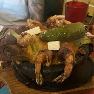 Shrimp and steak Molcajete