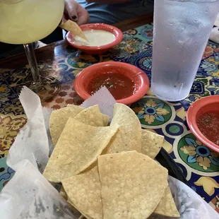 Chips and salsa and queso