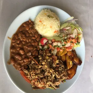 CARNE DES-HILADA - Shredded beef scramble with eggs and plantain rice and salad