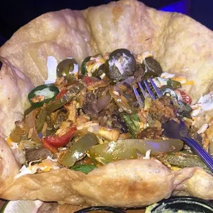 Gross taco salad with pickled bell peppers and pickled jalapeños