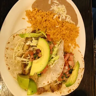 Fish tacos, rice and beans